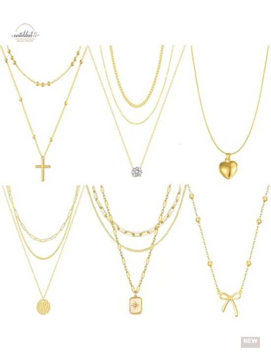 Jewelry - Gold Plated Dainty Bow Disc Zirconia Heart Cross Square Layered Pendant